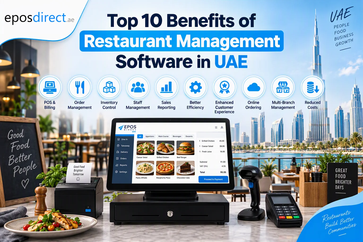 Restaurant management software benefits with an EPOS terminal, printer and Dubai skyline
